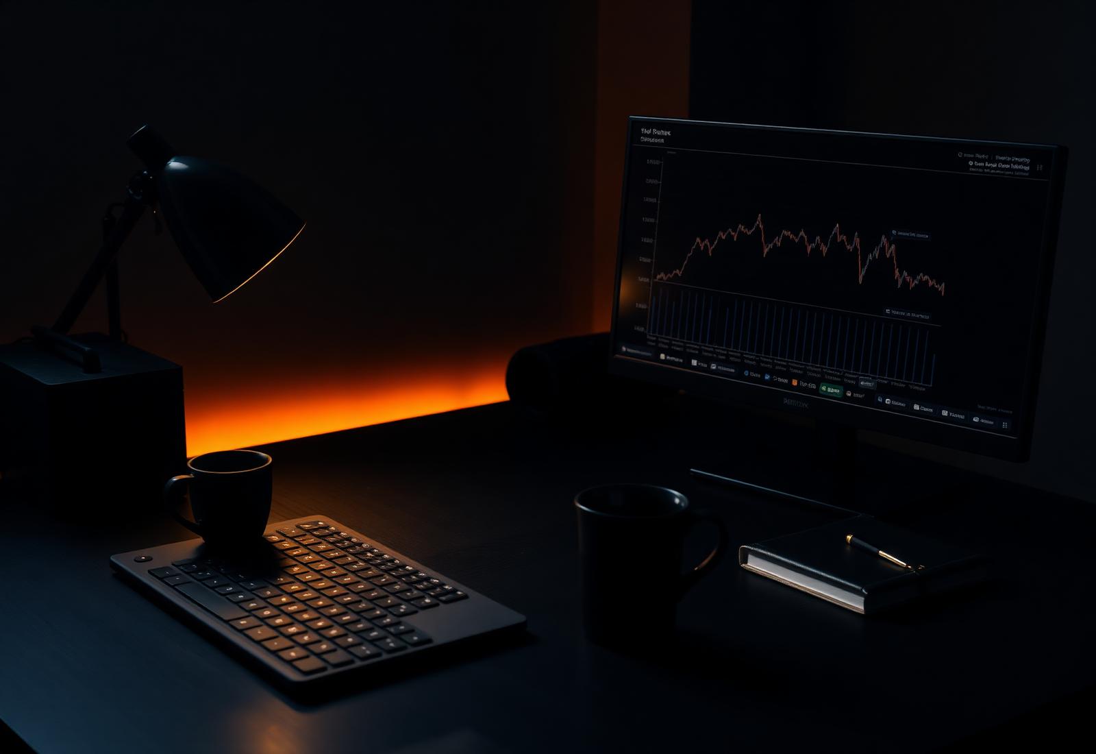 A quiet trader's workspace at dawn — black desk, mechanical keyboard, coffee, journal